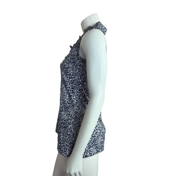 La Mer Luxe Ruffle Neck Top Sleeveless Leopard Printed Blue White Stretch XS - Picture 4 of 11